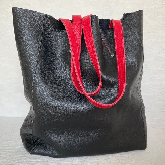 ROOTS Black Pebbled Leather Tote w/ Red Handles Light Carryall Shoulder Bag 🇨🇦 - Picture 1 of 16
